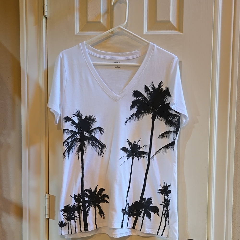 White V-Neck T-Shirt with Black Palm Tree Print